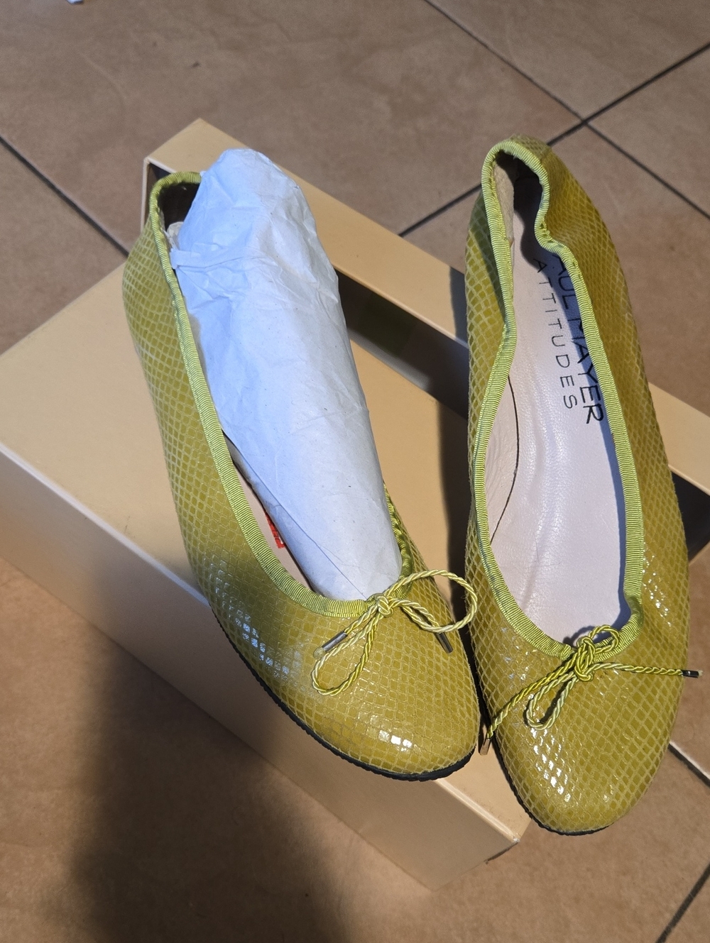 Paul Mayer Lime Green Patent Snake-Embossed Ballet Flats